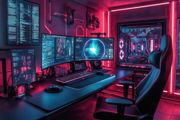 A computer room with a neon blue wall and a neon green chair