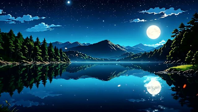 Seamless looping 4k time-lapse animation video background of a tranquil moonlit lake reflecting the night sky.