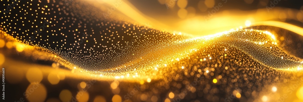 Poster this abstract background features a flowing golden wave made of glowing particles, symbolizing movem