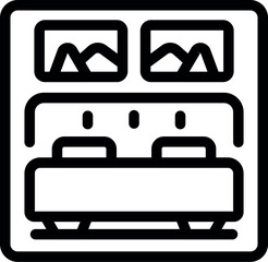 Line icon representing a bedroom with a double bed and two pictures on the wall, perfect for projects related to interior design