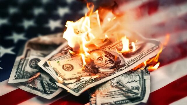 dollar bills being burned usa flag background symbolizing inflation spending on war corruption