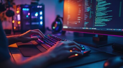 A person is typing on a keyboard in front of a computer monitor