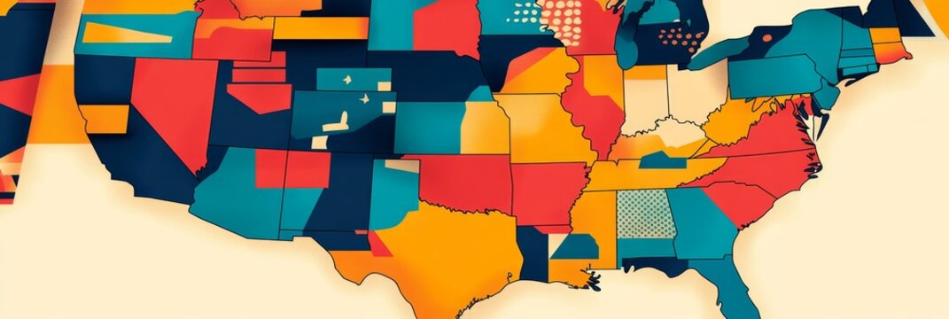 A stylized map of the United States, showcasing vibrant colors and geometric patterns, symbolizing unity, diversity, and the dynamic nature of the nation.