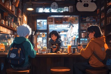 Three people are sitting at a bar, one of them has a backpack on