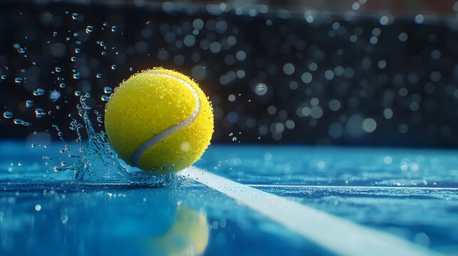 Tennis ball bouncing on blue court, dynamic action shot, water droplets splashing, dramatic lighting, lens flare, motion blur background, vibrant yellow against blue, sports photography.