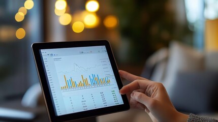 A person's hand is on a tablet, analyzing data and charts, representing business progress, success, and growth.