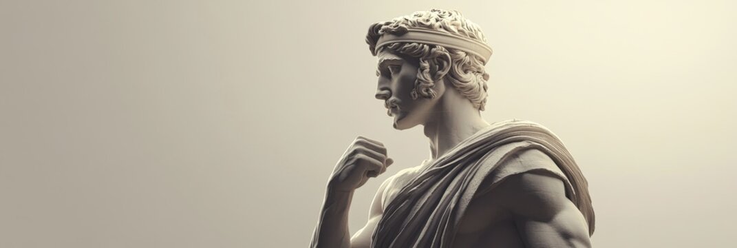 A white marble statue of a man in a thoughtful pose, symbolizing wisdom, contemplation, strength, and leadership. The statue is bathed in soft light, creating a serene and contemplative atmosphere.