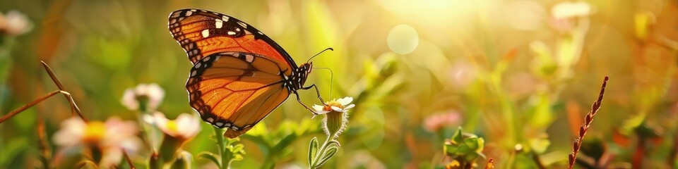An intimate view of a butterfly landing on a small flower in a sunny meadow, with the light creating a vivid backdrop of greens and floral hues