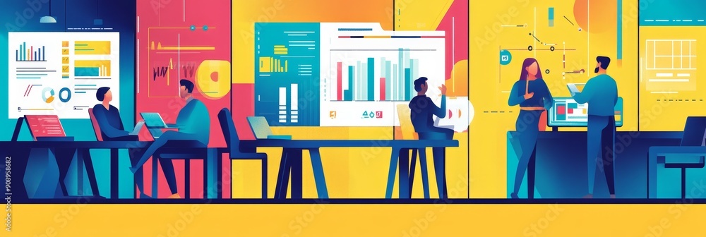 Poster business people collaborating and analyzing data on charts and graphs in a modern office setting. it