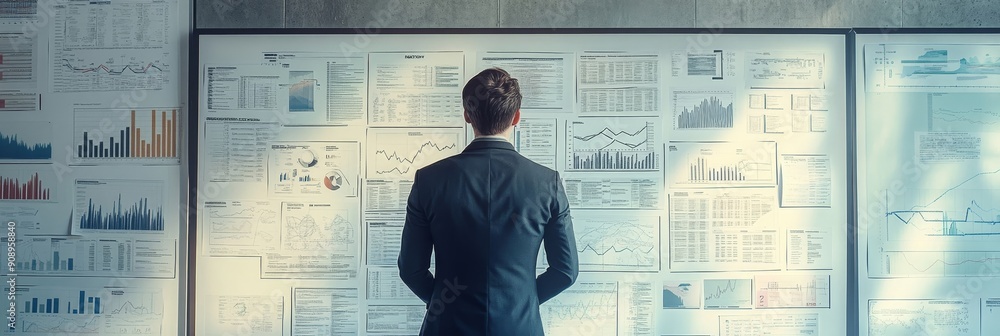 Poster a businessman stands in front of a wall covered in charts and graphs, symbolizing data analysis, mar