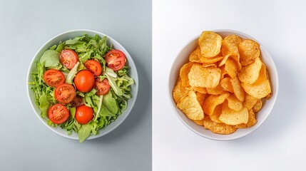 Split-Image Comparison: Fresh Salad with Tomatoes vs. Crispy Potato Chips