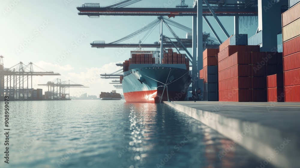 Poster a cargo ship is docked at a busy port, with cranes loading and unloading containers. the ship is sur