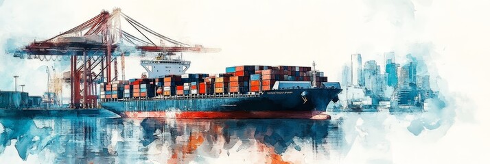 Obraz premium A cargo ship is docked at a harbor with cranes in the background, symbolizing global trade, international shipping, logistics, industrial growth, and economic development.