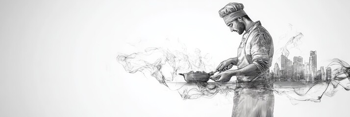 Fototapeta premium A skilled chef, with a toque and apron, is cooking in a pan, with a cityscape in the background. The image symbolizes passion for food, urban living, culinary skills, creativity