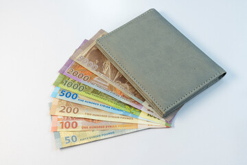 Syrian Currency Notes Fanned Out from Wallet Isolated on White Background