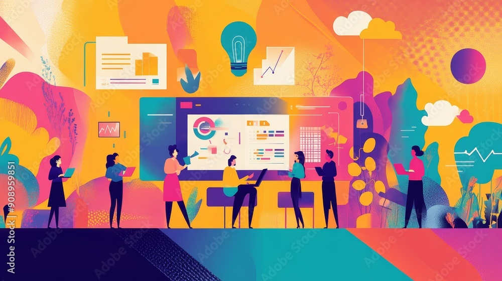 Poster a team of diverse individuals collaborate in a vibrant workspace, analyzing data displayed on a larg