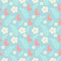Floral Pattern, Background Pastel blue, Pastel yellow flowers, Pastel green leaves, Brown rabbit, Seamless.