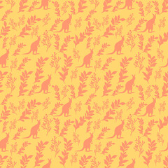Fototapeta premium Floral Pattern, Background Dark yellow, Kangaroo, Tree, Leaves, Brown Orange, Seamless.