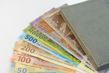 Syrian pounds currency notes with a notebook isolated on white background