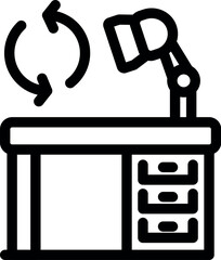 Simple clean line art icon of an office desk with an adjustable lamp shining on it with an update symbol above