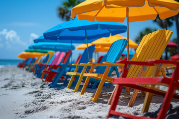 Colorful beach chairs and umbrellas line the sandy beach. The colors of the chairs and umbrellas range from blue, yellow, red to orange. The atmosphere is cheerful and inviting.