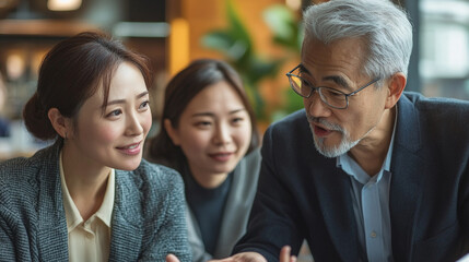 Japanese business team in a collaborative discussion