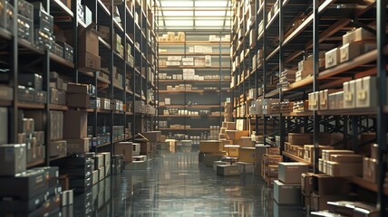 A logistics center with shelves full of parcels ready for delivery, high resolution