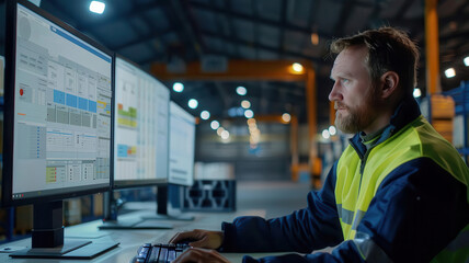 A logistics professional using a computer to track shipments, high resolution