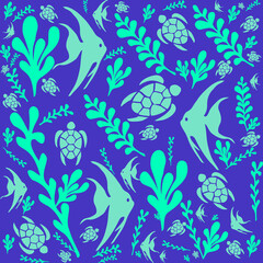 Floral Pattern, Background Pattern blue, Fish and turtles swimming ,Sea Tree, Green and blue Seamless.