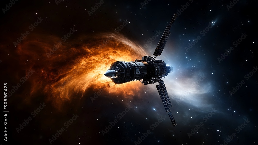 Poster a haunting image of a lone spacecraft exploring the depths of the universe