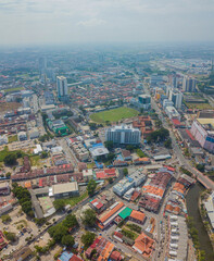 Aerial drone view of historical Malacca City with many buildings at Melaka, Malaysia.
