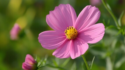 Obraz premium A single pink cosmos flower blooms in a garden setting. The flower's delicate petals are highlighted by the soft sunlight