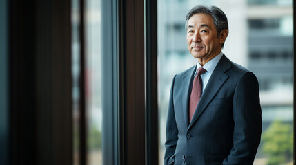 Japanese executive in a suit standing by a window