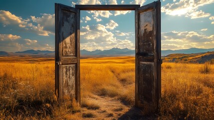 Fototapeta premium Open Door to Mountains and Golden Field.