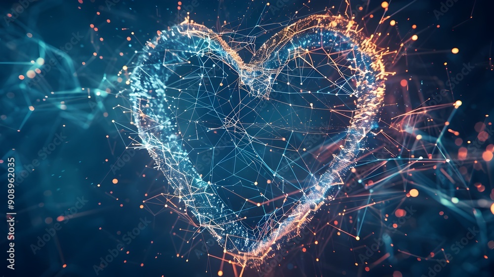 Poster interconnected heart-shaped abstract lines conveying digital affection