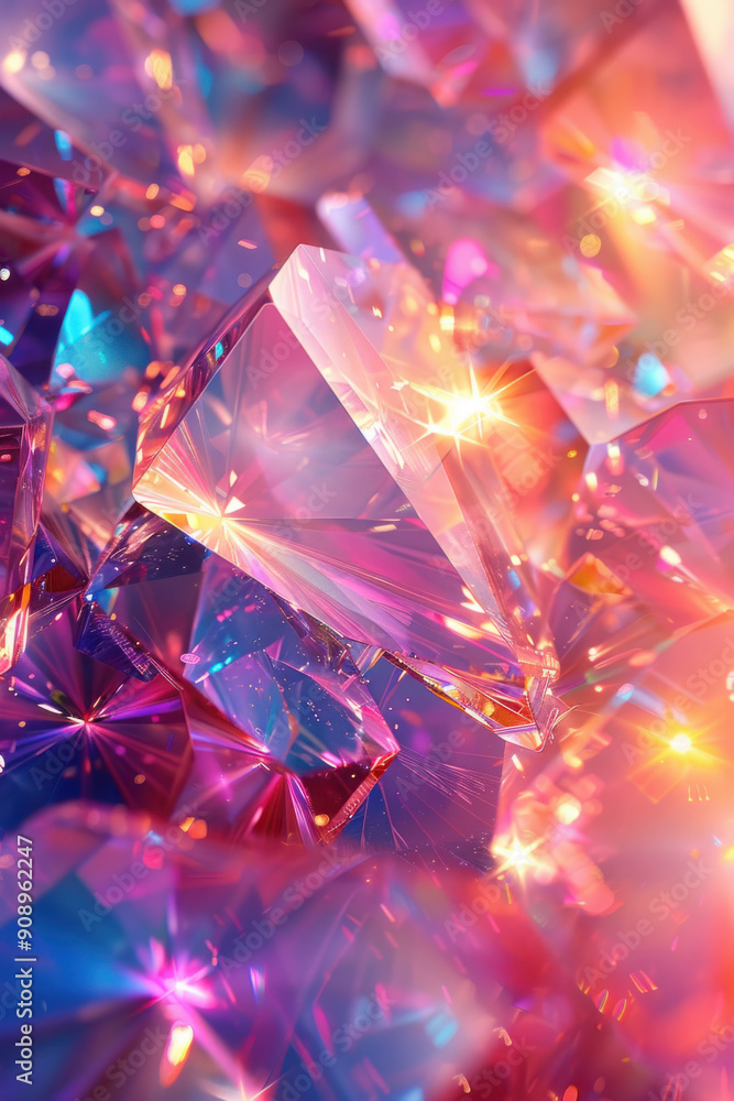 Poster abstract background, an array of sparkling translucent geometric forms filled with shifting iridesce