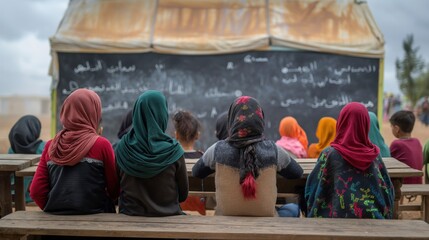 Refugees attending a makeshift school, emphasizing the importance of education for displaced children and their future prospects