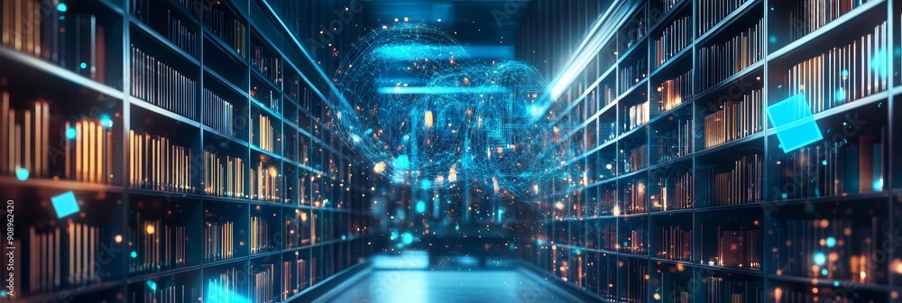 Poster a digital data network floats in a library, symbolizing the power of information, knowledge, technol