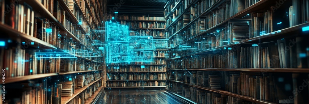 Poster a library filled with books symbolizes knowledge, while the digital data flowing through it represen