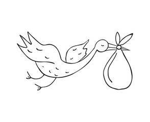 A stork carries a baby in a bag. Vector illustration of a new addition to the family. Doodle style