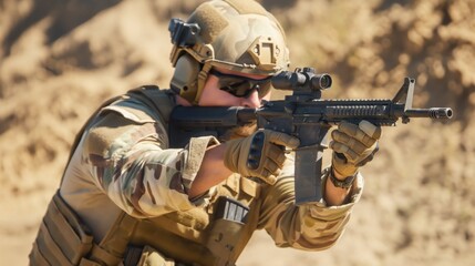 Fototapeta premium A soldier is focused and aiming his precision rifle during a tactical training exercise, showcasing a desert backdrop under clear skies