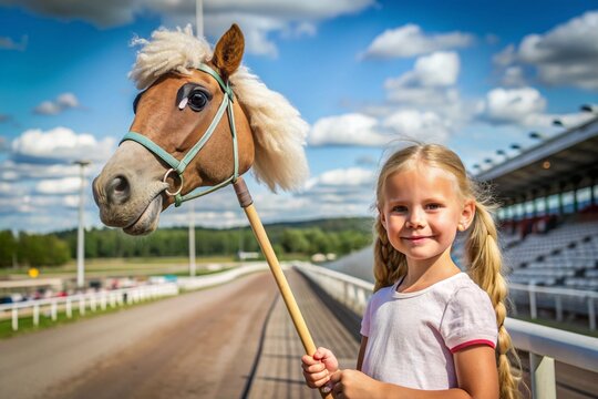 Hobbyhorsing. A new kind of sport. A stick with a horse's head to simulate a horse race. A girl at a horse racing stadium.