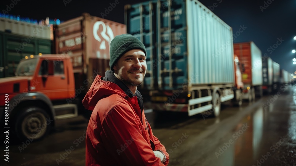 Poster a cheerful port worker stands by a row of brightly colored shipping containers, illuminated by stree