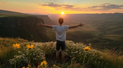 Fototapeta premium A person stands with arms outstretched, surrounded by wildflowers, as the sun rises over the rolling hills, creating a stunning view in a tranquil natural setting