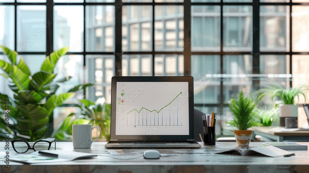 Poster a modern office features large windows, vibrant plants, and a laptop displaying growth charts, creat