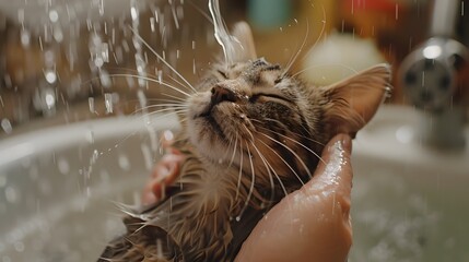 Gentle Cat Bathing and Grooming Care for Domestic Feline Pet