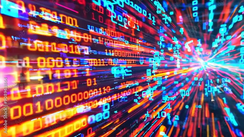 Poster high-resolution image of a digital matrix with bright colors and data symbols