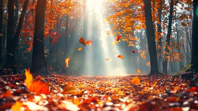 a vibrant autumn forest, filled with rich hues of red, orange, and gold as soft sunlight filters through the changing leaves. The leaves sway gently as a faint wind blows through the trees. A few leav