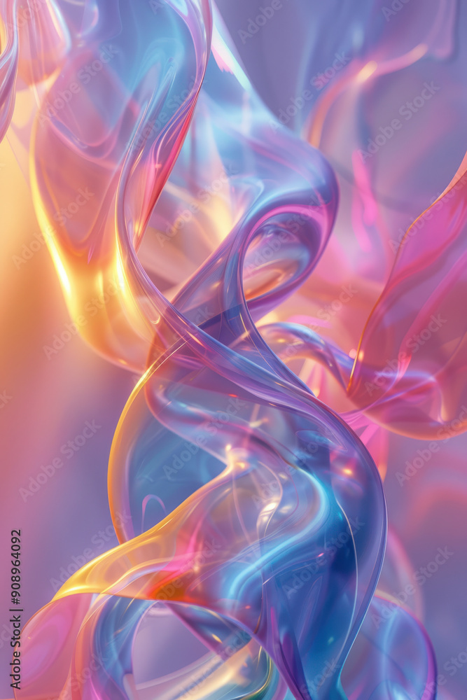 Poster abstract background, in the center, a translucent iridescent swirling shape dances gracefully, refle