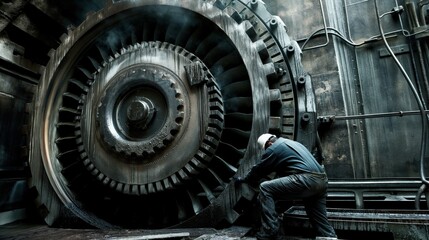 Fototapeta premium A worker adjusts a massive industrial gear within a dark factory setting, surrounded by machinery and smoke, highlighting the labor involved in heavy equipment maintenance